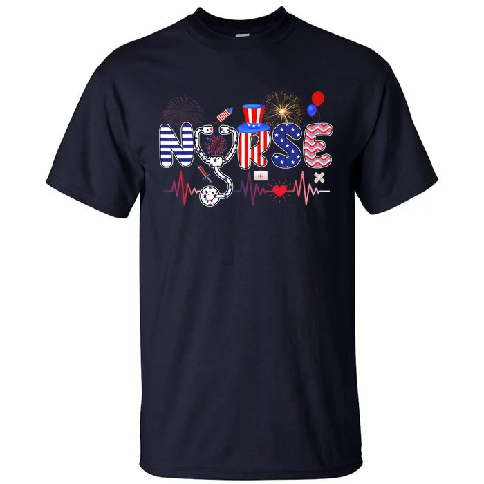 American Nurse 4th of July Nurse Stethoscope Heartbeat Tall T-Shirt