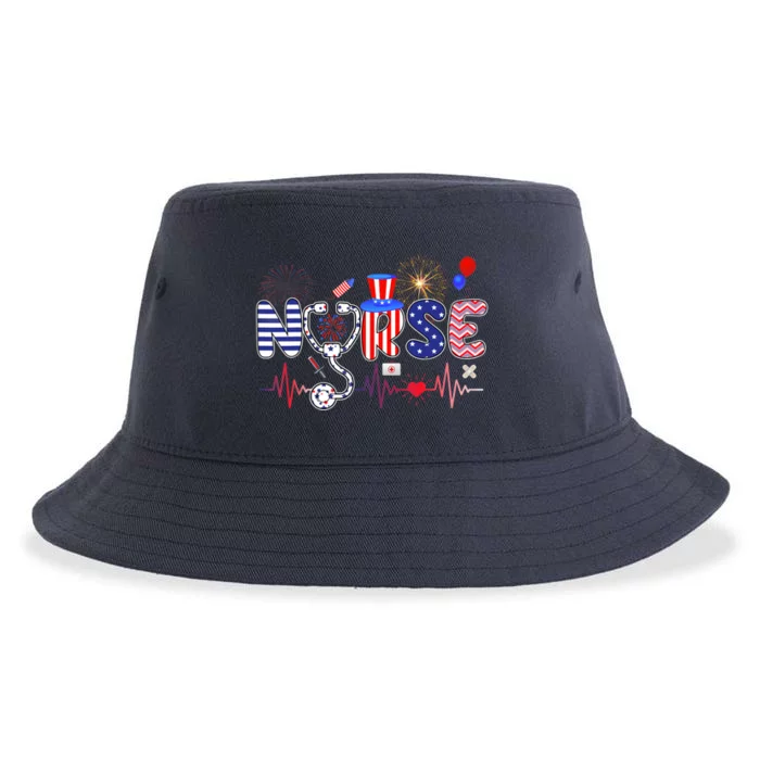 American Nurse 4th of July Nurse Stethoscope Heartbeat Sustainable Bucket Hat