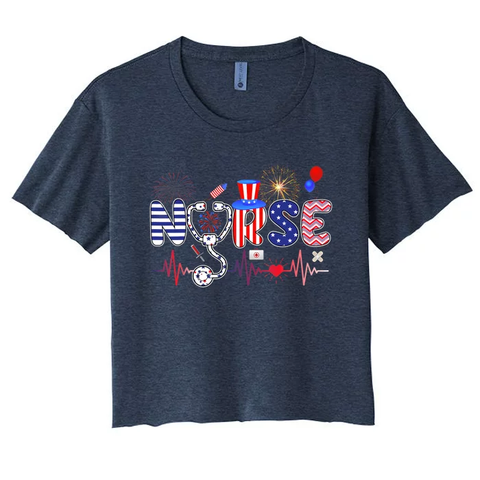 American Nurse 4th of July Nurse Stethoscope Heartbeat Women's Crop Top Tee