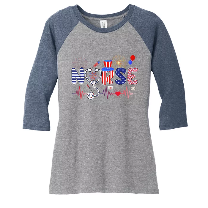 American Nurse 4th of July Nurse Stethoscope Heartbeat Women's Tri-Blend 3/4-Sleeve Raglan Shirt