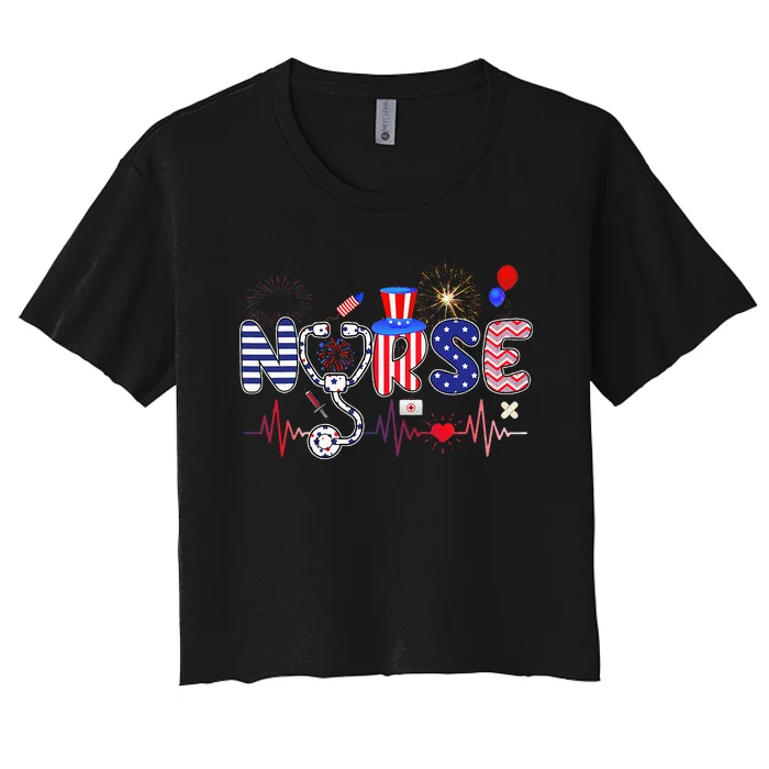 American Nurse 4th Of July Nurse Stethoscope Heartbeat Women's Crop Top Tee