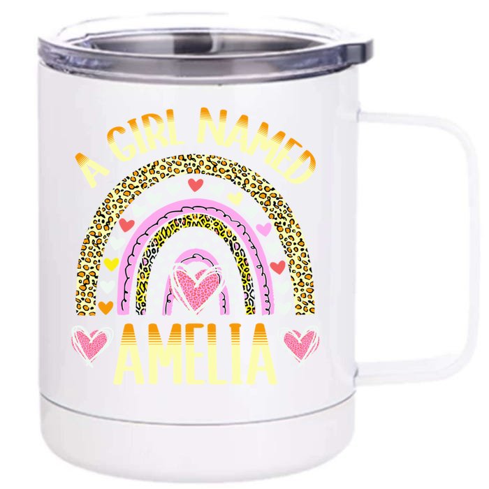 A Named Amelia Cute Name Leopard Hearts Design Gift Front & Back 12oz Stainless Steel Tumbler Cup