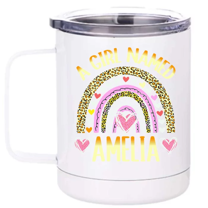 A Named Amelia Cute Name Leopard Hearts Design Gift Front & Back 12oz Stainless Steel Tumbler Cup