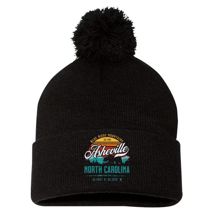 Asheville North Carolina Retro Sunset Blue Ridge Mountains Pom Pom 12in Knit Beanie