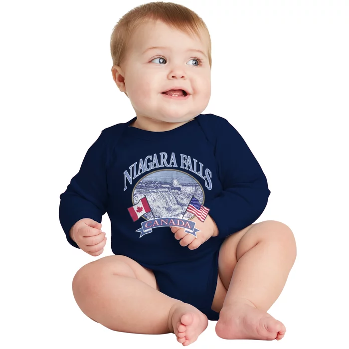 Americana Niagara Falls Scene Canada America Flags Gift Baby Long Sleeve Bodysuit