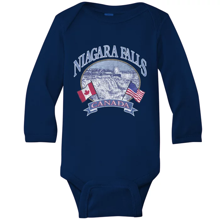 Americana Niagara Falls Scene Canada America Flags Gift Baby Long Sleeve Bodysuit