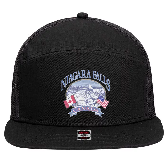 Americana Niagara Falls Scene Canada America Flags 7 Panel Mesh Trucker Snapback Hat