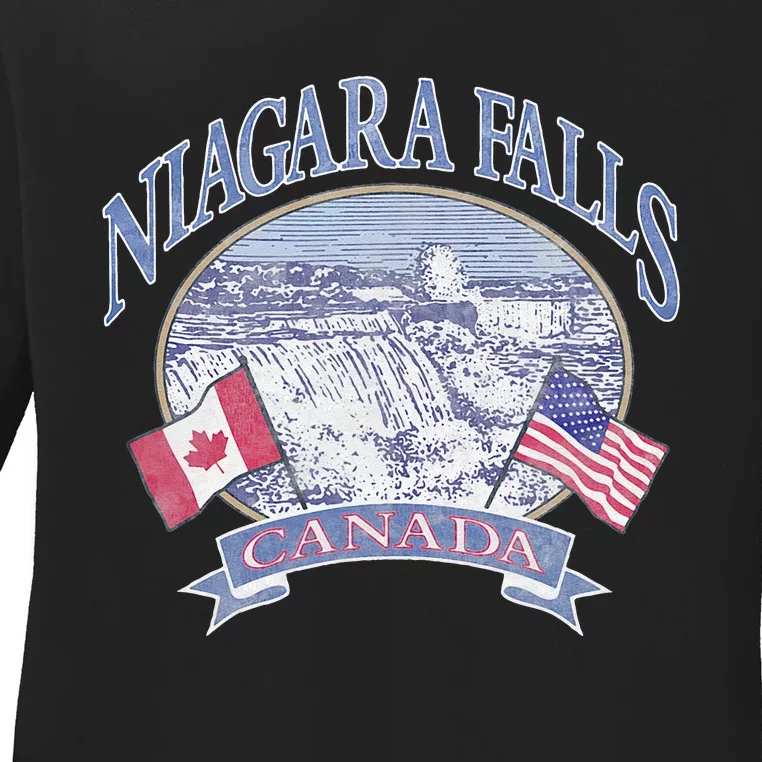 Americana Niagara Falls Scene Canada America Flags Ladies Long Sleeve Shirt