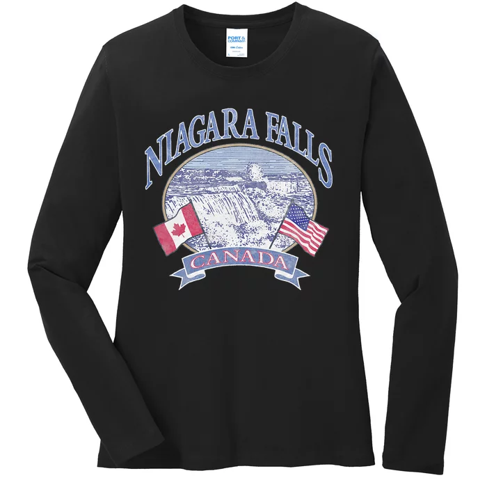 Americana Niagara Falls Scene Canada America Flags Ladies Long Sleeve Shirt