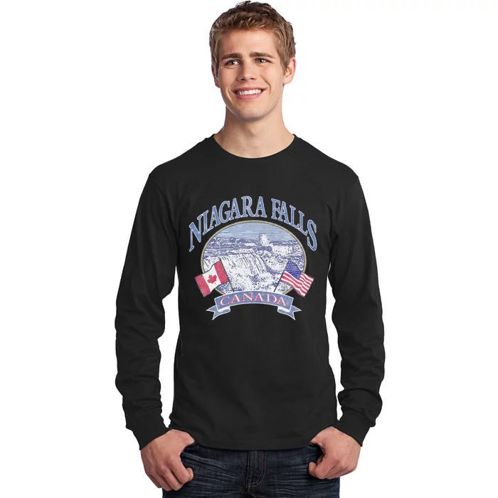 Americana Niagara Falls Scene Canada America Flags Long Sleeve Shirt