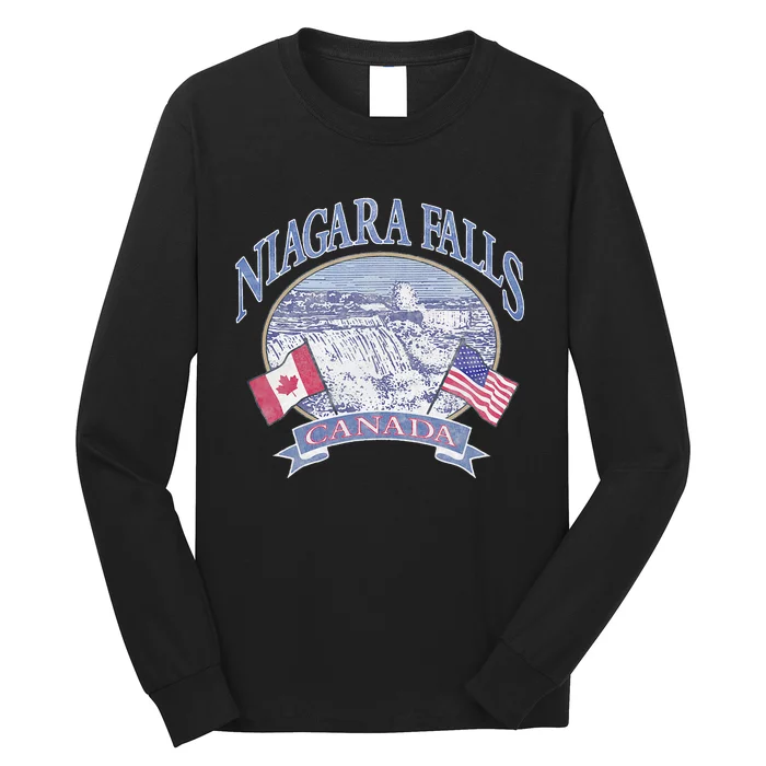 Americana Niagara Falls Scene Canada America Flags Long Sleeve Shirt