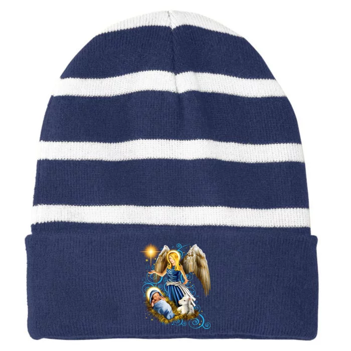 Angel With Baby Jesus Striped Beanie with Solid Band