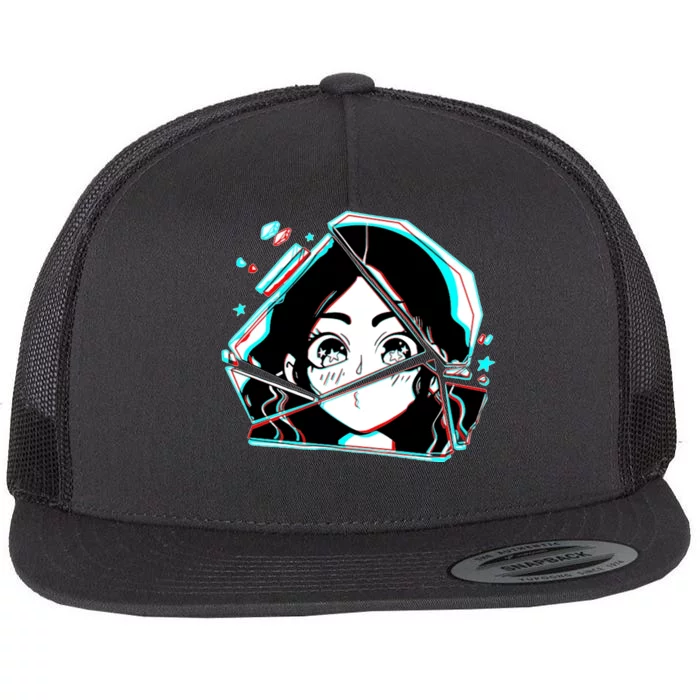 Anime Broken Glass Sparkle Eyes Flat Bill Trucker Hat