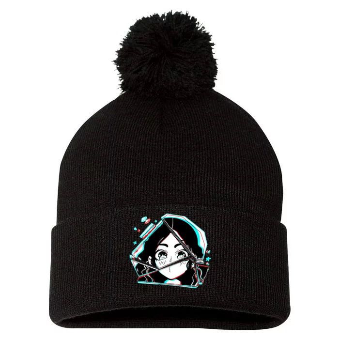 Anime Broken Glass Sparkle Eyes Pom Pom 12in Knit Beanie