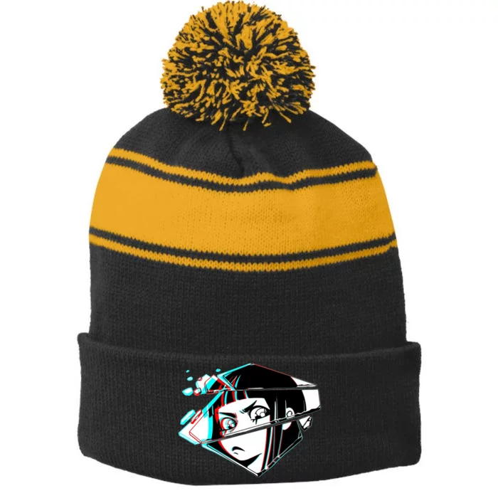 Anime Eyes Broken Glass Stripe Pom Pom Beanie