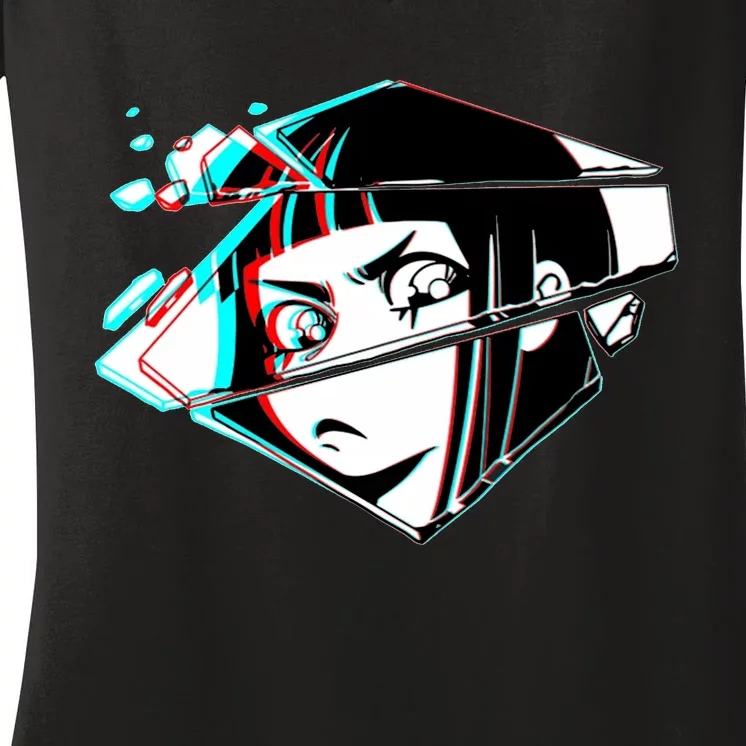 Anime Eyes Broken Glass Women's V-Neck T-Shirt