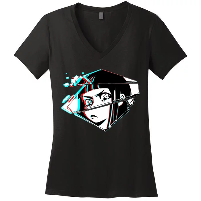 Anime Eyes Broken Glass Women's V-Neck T-Shirt