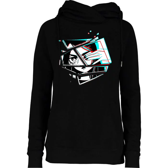 Anime Eyes Broken Glass Hand Over Eye Womens Funnel Neck Pullover Hood