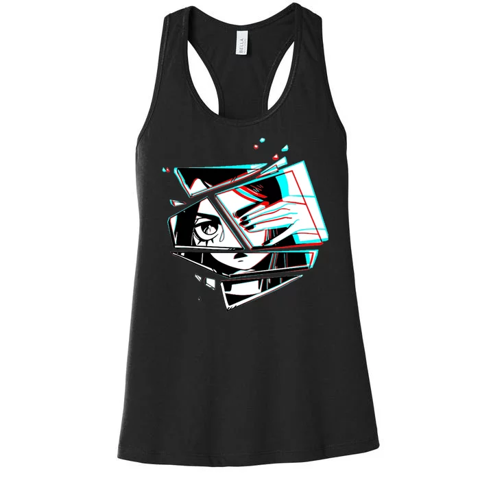 Anime Eyes Broken Glass Hand Over Eye Women's Racerback Tank