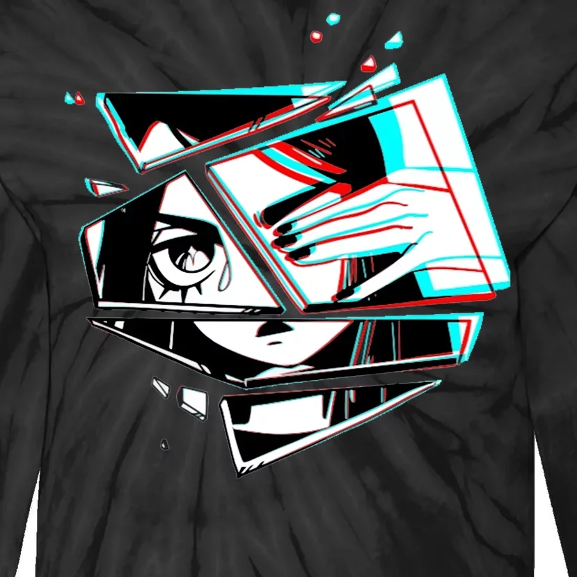 Anime Eyes Broken Glass Hand Over Eye Tie-Dye Long Sleeve Shirt