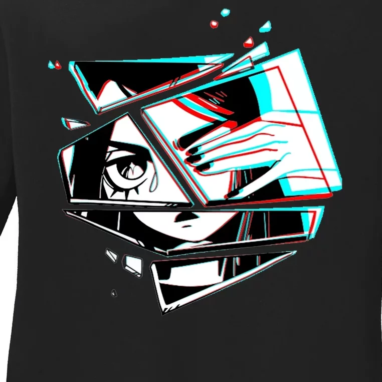 Anime Eyes Broken Glass Hand Over Eye Ladies Long Sleeve Shirt