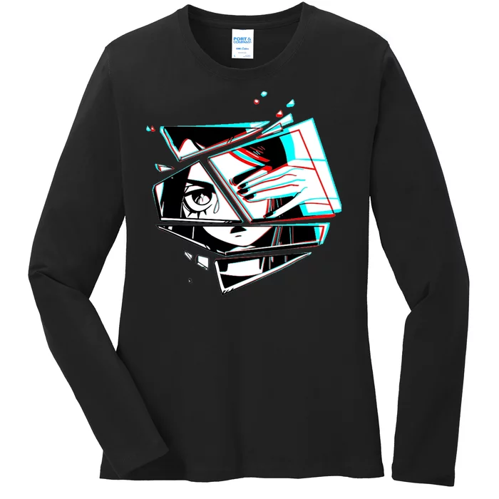 Anime Eyes Broken Glass Hand Over Eye Ladies Long Sleeve Shirt