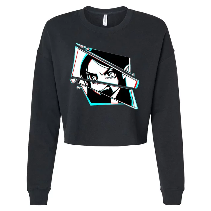 Anime Eyes Broken Glass Yelling Cropped Pullover Crew