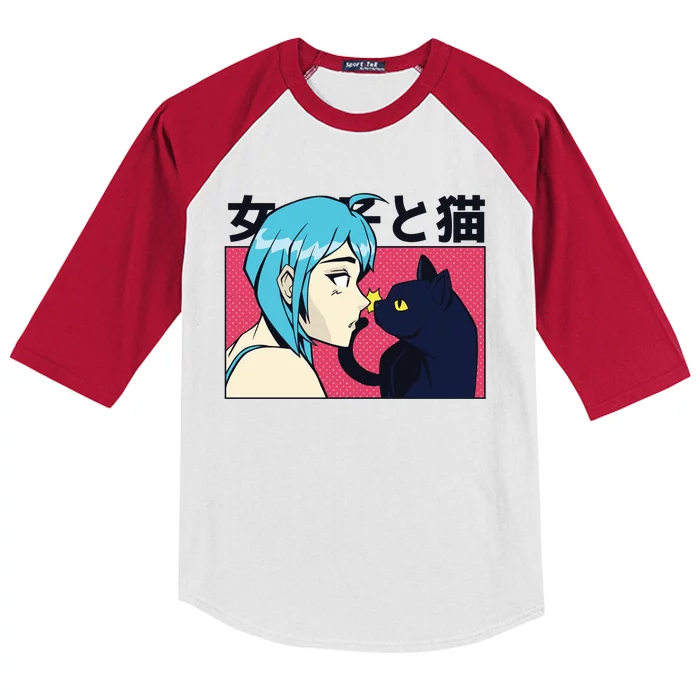 Anime Girl Cat Kids Colorblock Raglan Jersey