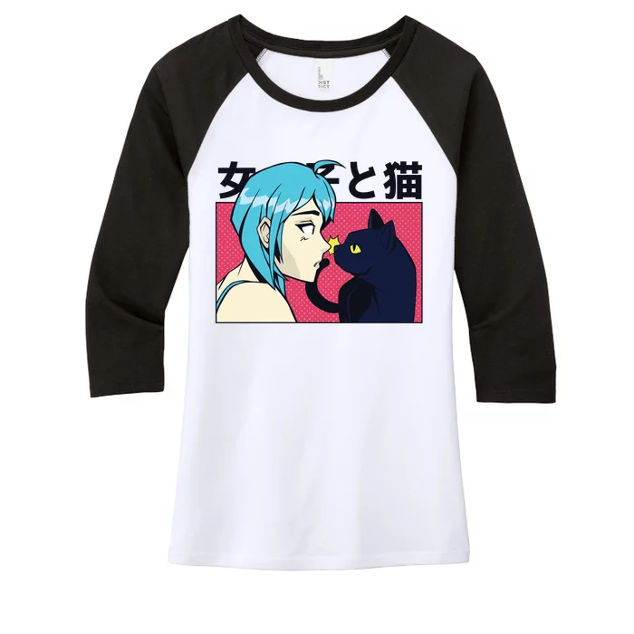 Anime Girl Cat Women's Tri-Blend 3/4-Sleeve Raglan Shirt