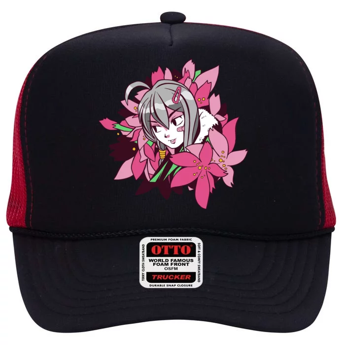 Anime Girl Flowers High Crown Mesh Trucker Hat