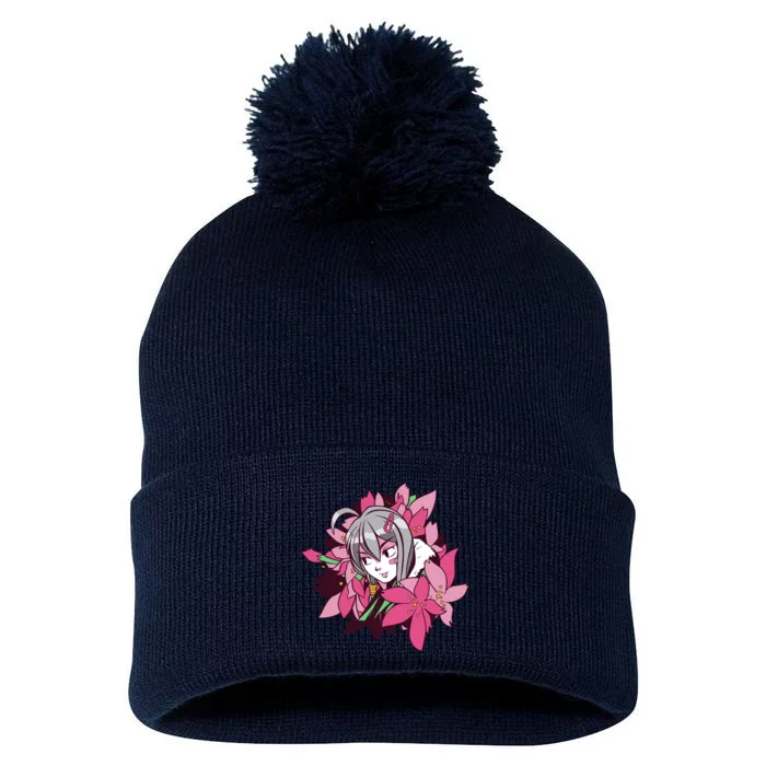 Anime Girl Flowers Pom Pom 12in Knit Beanie