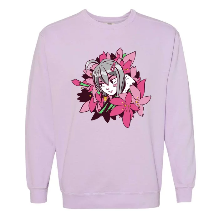 Anime Girl Flowers Garment-Dyed Sweatshirt