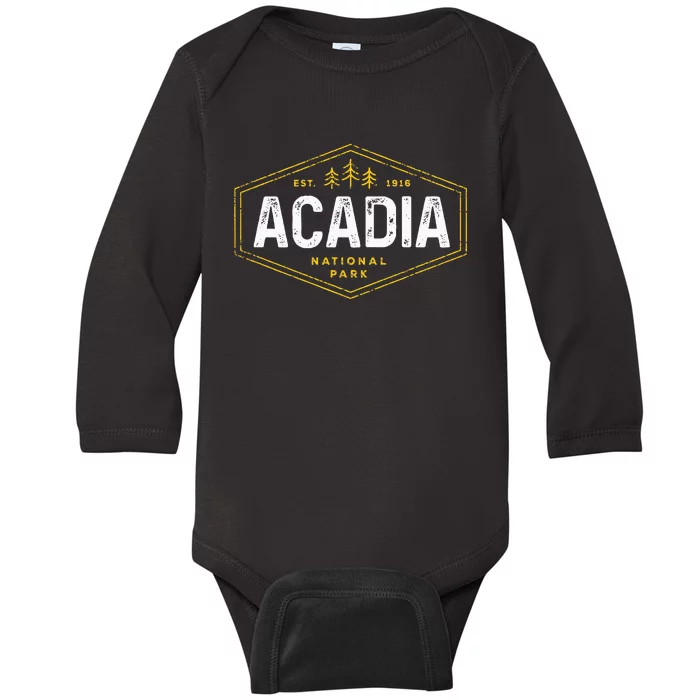 Acadia National Park Vintage Tree Hexagon Badge Hiking Baby Long Sleeve Bodysuit