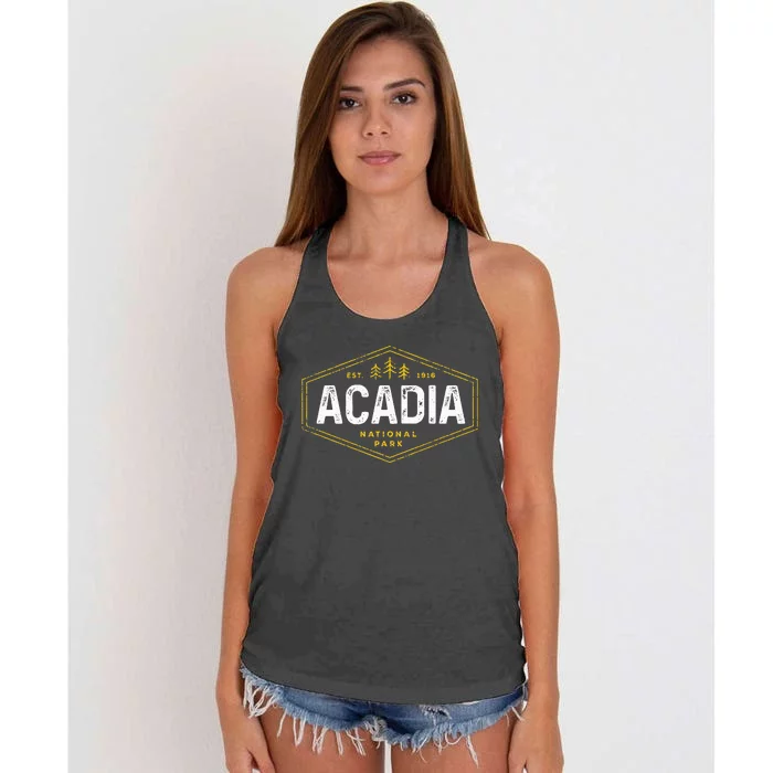 Acadia National Park Vintage Tree Hexagon Badge Hiking Women's Knotted Racerback Tank