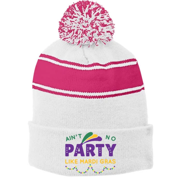 Ain't No Party Like Mardi Gras Beads Celebration Stripe Pom Pom Beanie