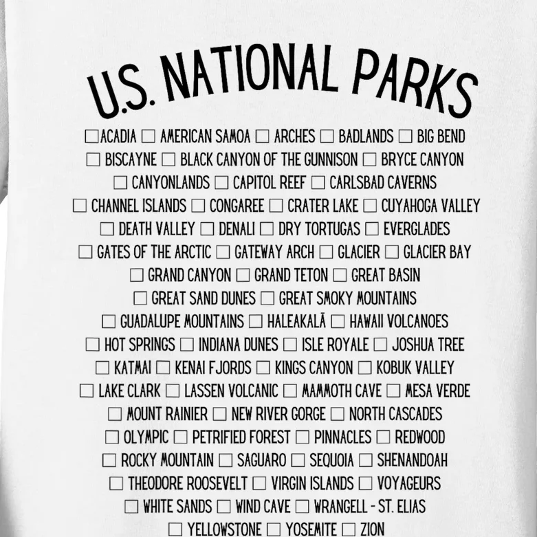 American National Parks Checklist US National Parks Family Kids Long Sleeve Shirt