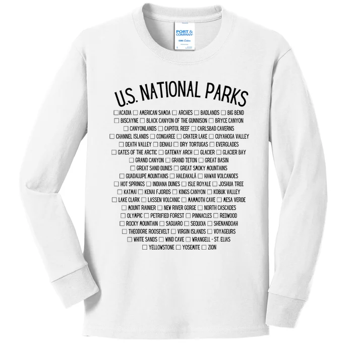 American National Parks Checklist US National Parks Family Kids Long Sleeve Shirt