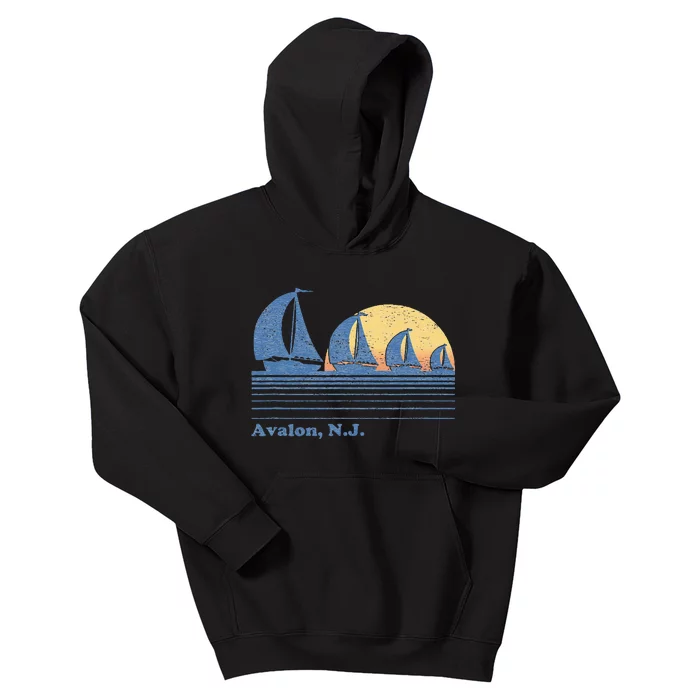 Avalon NJ Sailboat Vintage 80s Sunset Kids Hoodie