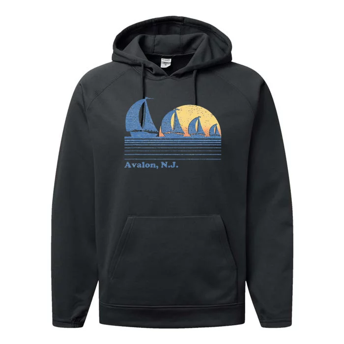 Avalon NJ Sailboat Vintage 80s Sunset Performance Fleece Hoodie