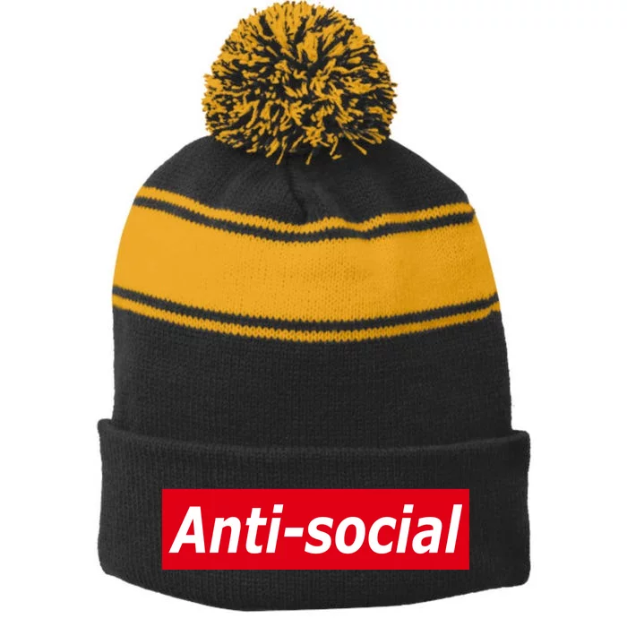 Anti-Social Red Box Logo Stripe Pom Pom Beanie