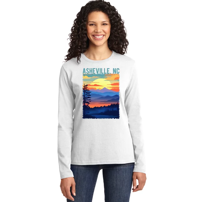 Asheville Nc Usa Mountain Scenic Sunset Style Ladies Long Sleeve Shirt