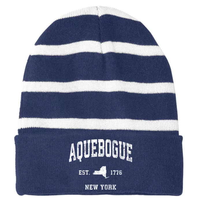 Aquebogue New York Ny Vintage Athletic Striped Beanie with Solid Band