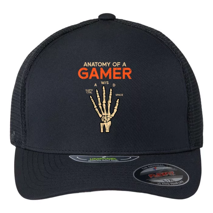 Anatomy Of A Gamer Skeleton Hand Funny Halloween Gaming Flexfit Unipanel Trucker Cap