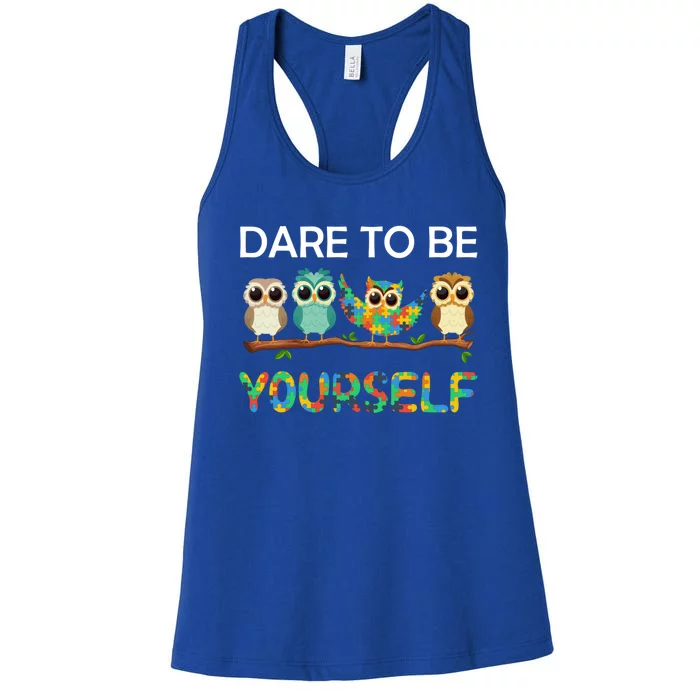 Autism Owl Dare To Be Yours Angle Autism Awareness Puzzle Gift Women's Racerback Tank