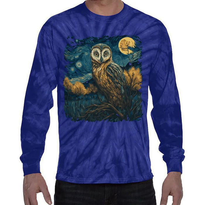 An Owl In The Night Forest Painting Tie-Dye Long Sleeve Shirt