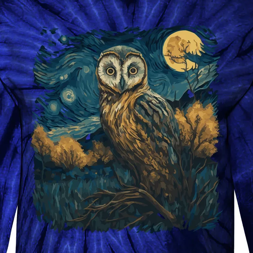 An Owl In The Night Forest Painting Tie-Dye Long Sleeve Shirt