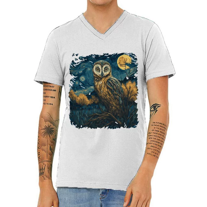 An Owl In The Night Forest Painting V-Neck T-Shirt