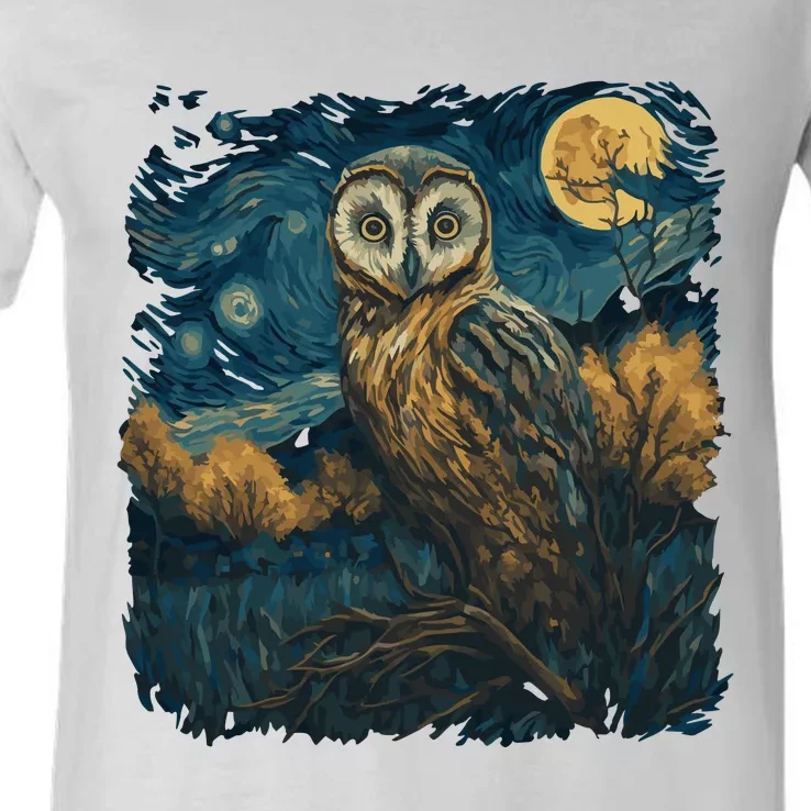 An Owl In The Night Forest Painting V-Neck T-Shirt