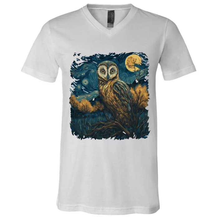 An Owl In The Night Forest Painting V-Neck T-Shirt