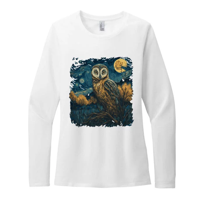 An Owl In The Night Forest Painting Womens CVC Long Sleeve Shirt